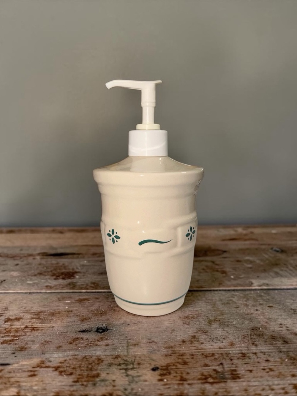 Longaberger Cream Ceramic Soap Pump with Green Logo Accent